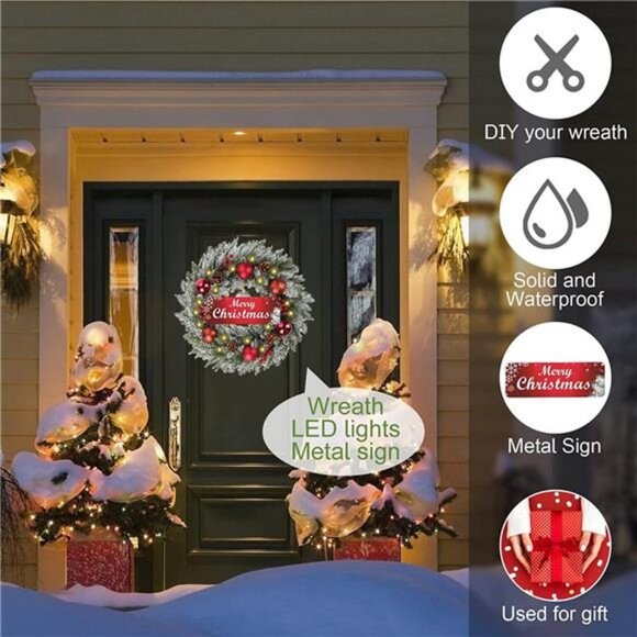 20 inch Merry Christmas Sign Holiday Wreath, Prelit with LED Lights - Picture 5 of 6